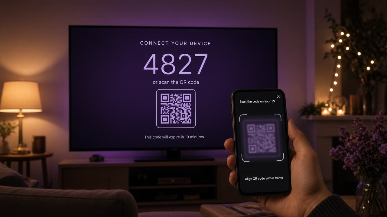 Телефон сканирует код с телевизора